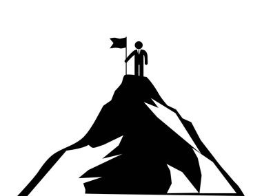 Dağın tepesinde bayrak taşıyan bir iş adamı. İş başarısı liderlik konsepti. vektör