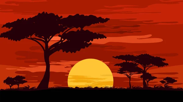 红色的天空云彩 山丘上的阴影和海岸上的树木 带日出矢量的自然景观矢量 — 图库矢量图片