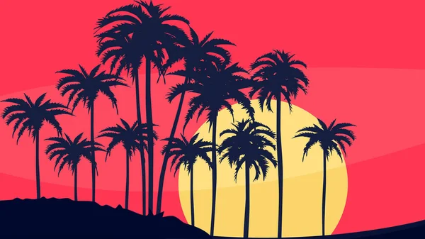 Avonds Een Strand Met Palmbomen Kleurrijke Foto Voor Zomervakantie Vector — Stockvector