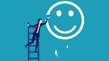 Olumlu düşünme ya da iyimserlik. Merdivenlere tırmanmak duvardaki mutlu yüz boyası. vektör