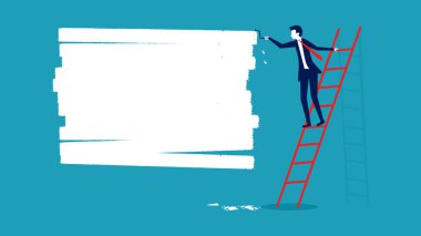 Bir işadamı boya silindiriyle beyaz boya ile bir duvar boyuyor. vektör