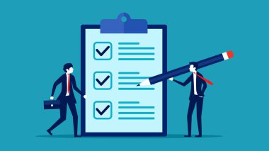 Bir işadamı düzenleyici bir belge yazar. Çalışanların şartlara uymaları için kurallar ve yönergeler. vektör