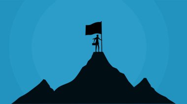 Dağın tepesinde bayrağı olan bir iş adamı. Başarı işi fikri. liderlik