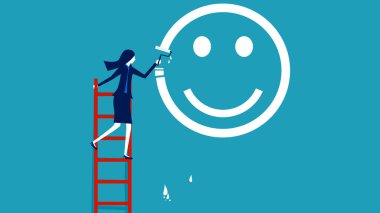 Kadın meselesi. Olumlu düşünme ya da iyimserlik. Merdivenlere tırmanmak duvardaki mutlu yüz boyası. vektör