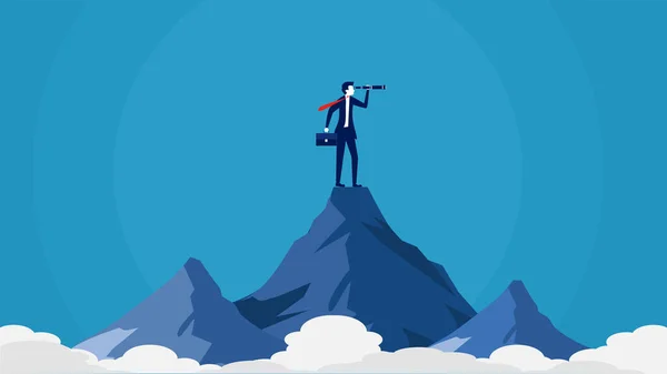 Business Vision Businessman Holding Telescope Standing Top Mountain — Vector de stock