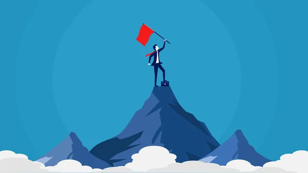 Dağın tepesinde bayrağı olan bir iş adamı. Başarı işi fikri. liderlik