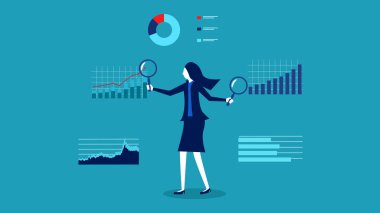 İş adamı analizi. Grafikleri ve grafikleri analiz etmek için büyüteç kullanıyoruz. vektör