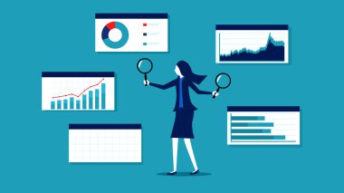 İş adamı analizi. Grafikleri ve grafikleri analiz etmek için büyüteç kullanıyoruz. vektör