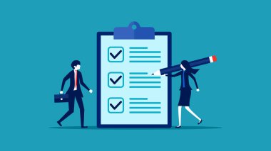 Bir iş kadını güvenilirliğini gösteren bir rapor yazıyor. Bir liste yap. Kanun ve düzen. vektör