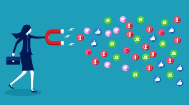 Mıknatıs tutan bir iş kadını dikkat çeker. Pazarlama fikri. iş kavramı