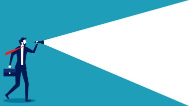 Elinde fener tutan bir iş adamı. İşadamı ışıkla rehberlik ediyor. İş konsepti. vektör