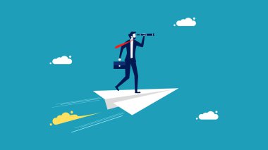 Vizyon. Kağıt uçakla gelen bir iş adamı. Liderliğin ve hırsın sembolü. vektör