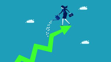 İş kadınları büyüyen ağaçları sular. Büyüme kavramı. İş konsepti. vektör 