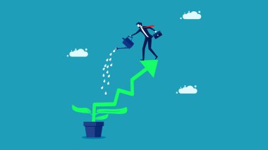 İş kadınları büyüyen ağaçları sular. Büyüme kavramı. İş konsepti. vektör illüstrasyonu