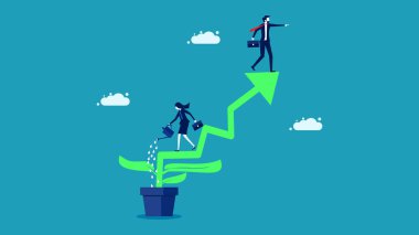 İş kadınları büyüyen ağaçları sular. Büyüme kavramı. İş konsepti. vektör 