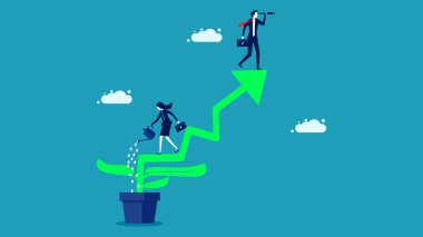 İş kadınları büyüyen ağaçları sular. Büyüme kavramı. İş konsepti. vektör 