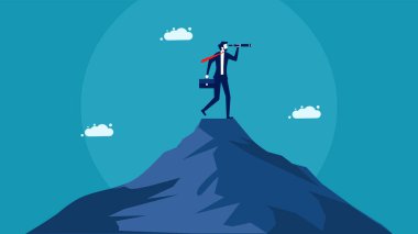 Dağlardaki bir tepede teleskopa bakan bir iş adamı. Fırsat arama konsepti. vektör illüstrasyonu