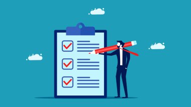 Bir iş adamı güvenilirliğini gösteren bir rapor yazar. Bir liste yap. Kanun ve düzen. vektör illüstrasyonu