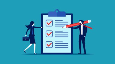 Bir iş adamı güvenilirliğini gösteren bir rapor yazar. Bir liste yap. Kanun ve düzen. vektör