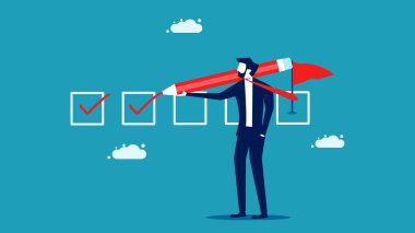 İş adamı golleri kontrol ediyor. Hedeflere ulaşmak için iş izleme kavramı. vektör