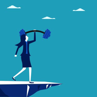 Güçlü bir iş kadını. İş kadını tek eliyle bir halter tutuyor. Başarı konsepti