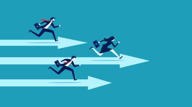 İş kadınları ok yarışında yarışıyorlar. Zafer için iş rekabeti. vektör