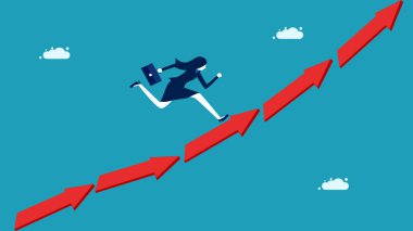 Bir iş kadını ok başı boyunca koşar. büyüme yönü kavramı