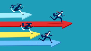 business competition. business men and women racing on the arrow path. vector