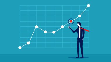 İş adamı bir grafiği analiz etmek için büyüteç kullanır. Vektör çizimi. iş kavramı