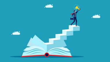  Bilgiye yatırım yap. Bilgi başarı yaratır. Merdivenleri olan bir kitaptaki işadamı. iş kavramı