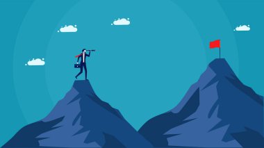 Looking for a new mountain. A businessman using binoculars looks at the red flag on the top of the mountain. vector