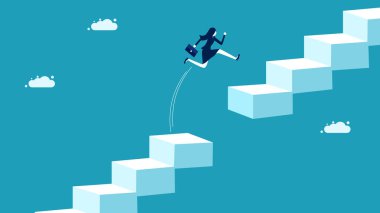 Experiencing obstacles and risks. business woman jumping over the gap of the stairs. vector