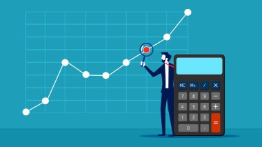 Grafik analizi. Bir iş adamı mali tabloları hesaplar ve analiz eder. Finansal gelir yönetimi. vektör