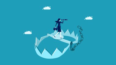  Risk almak için fırsat kolla. İş kadını dürbünü bir tuzağın üstünde. iş kavramı 