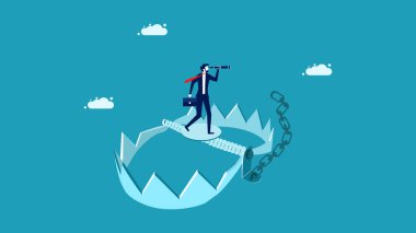 Risk almak için fırsat kolla. İş adamı dürbünleri bir tuzağın üzerinde. iş kavramı 