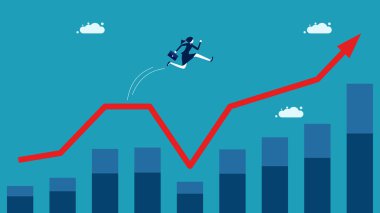 Krizlerden uzak dur. Bir iş kadını düşen grafiğin boşluğundan atlıyor. İş konsepti. vektör