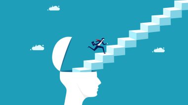 Kararlı bir fikir. Merdivenlerin başında koşan bir iş adamı. iş konsepti vektör illüstrasyonu