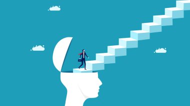 Başarı için yeni fikirler. Başarı basamağında bir iş adamı. iş konsepti Vektör illüstrasyonu