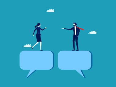 İşle ilgili iletişim kur. Kavram tartışması. İş adamları ve kadınlar sohbet balonlarında sohbet ediyorlar.