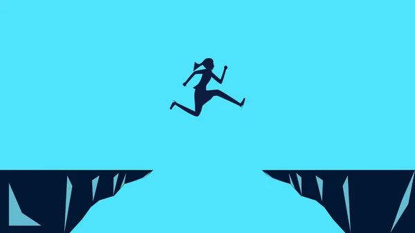 Silhouette Woman Jumping Cliff Gap Business Concept Vector Illustration — стоковый вектор