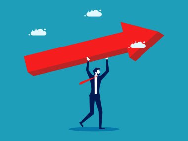 İşletme büyümesi. Büyüme oku tutan bir iş adamı. iş konsepti vektörü