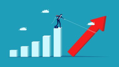 İş büyümesi kavramı. İş adamı büyüyen oku kaldırıyor. iş konsepti vektörü