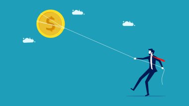 Masrafları kontrol et. Bir işadamı madeni para çekiyor. iş konsepti vektör illüstrasyonu