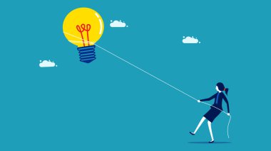 Yaratıcılık kavramı. Bir iş kadını ampulü çeker. iş konsepti vektörü