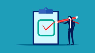 Doğrulama ve onaylama. Bir işadamı çek işareti yazar. İş hayatında başarı. vektör