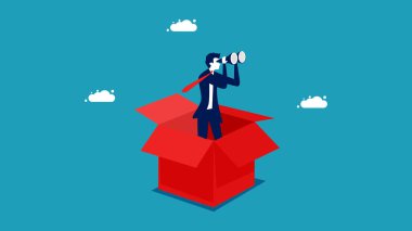 Konsept kutunun dışında görünüyor. Bir iş adamı kırmızı kutunun dışındaki bir teleskoptan bakar. iş konsepti vektör illüstrasyonu