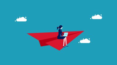 Bir lider gibi çalış ve farklı ol. Kırmızı kağıttan bir uçakta çalışan bir iş kadını. iş konsepti vektör illüstrasyonu