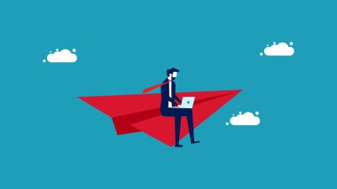 Bir lider gibi çalış ve farklı ol. Kırmızı kağıttan bir uçakta çalışan bir iş adamı. iş konsepti vektör illüstrasyonu