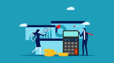  Mali denetim. Kâr ve zarar hesapla. Verilerden bir grafik raporu hazırla. İş adamı muhasebeci ve hesap makinesi vektörü