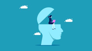 Çalışmak fikri. Manken kafası üzerinde çalışan bir iş kadını. iş konsepti vektör illüstrasyonu